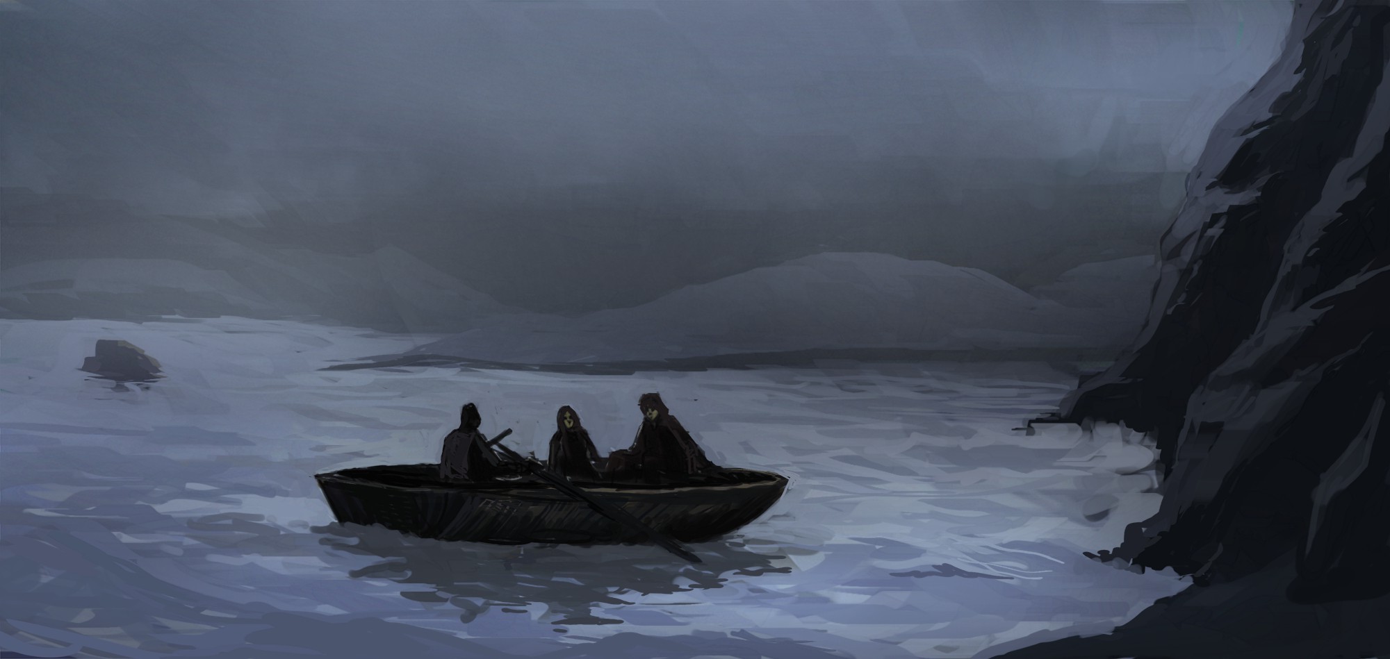 rowboat, Night, Lake, Fantasy Art Wallpaper