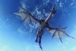 fantasy Art, Dragon, Flying, Sky, Dragon Wings, Tail, Clouds, Digital Art, Scales, Claws, The Elder Scrolls V: Skyrim
