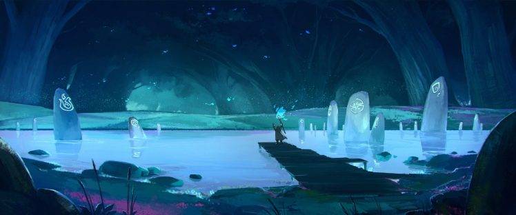 fantasy Art, Blue, Pond, Cave, Magic HD Wallpaper Desktop Background