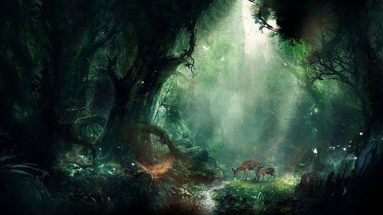 artwork, Fantasy Art, Forest, Trees, Animals, Bambi, Deer HD Wallpaper Desktop Background