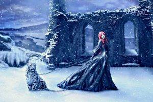 artwork, Fantasy Art, Women, Redhead, Dress, Selective Coloring, Leopard, Snow Leopards, Snow, Winter, Ruin, Ruins