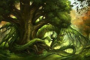 dragon, Artwork, Fantasy Art, Trees, Green, Deer