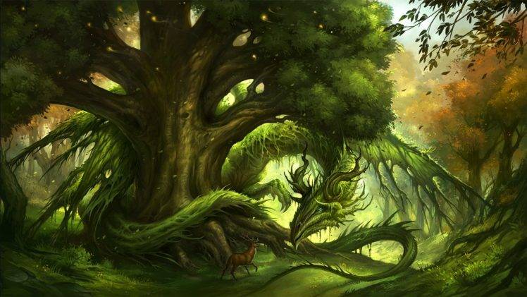 dragon, Artwork, Fantasy Art, Trees, Green, Deer HD Wallpaper Desktop Background