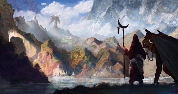 artwork, Fantasy Art, Dragon, Mountain, Statue, Angel HD Wallpaper Desktop Background