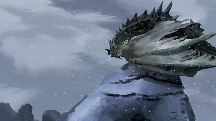fantasy Art, Artwork, Dragon, Snow, Winter, The Elder Scrolls, The Elder Scrolls V: Skyrim HD Wallpaper Desktop Background