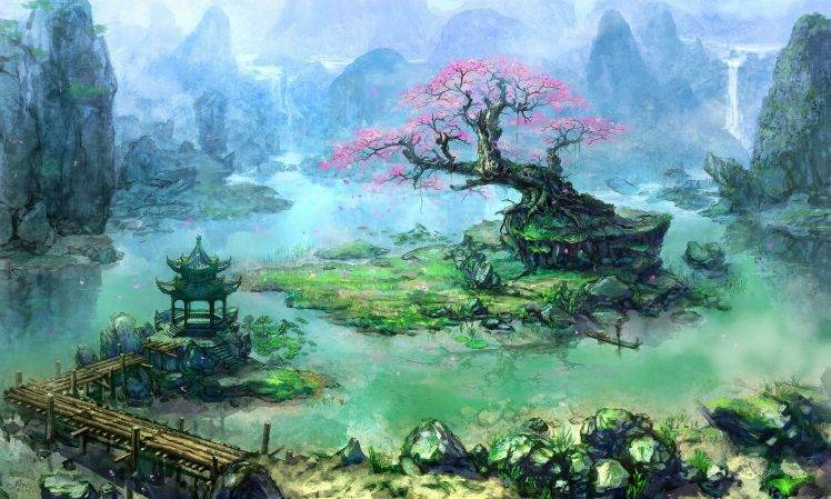 artwork, Fantasy Art, Trees, Asian Architecture, Bonsai, Waterfall, River, Pier HD Wallpaper Desktop Background