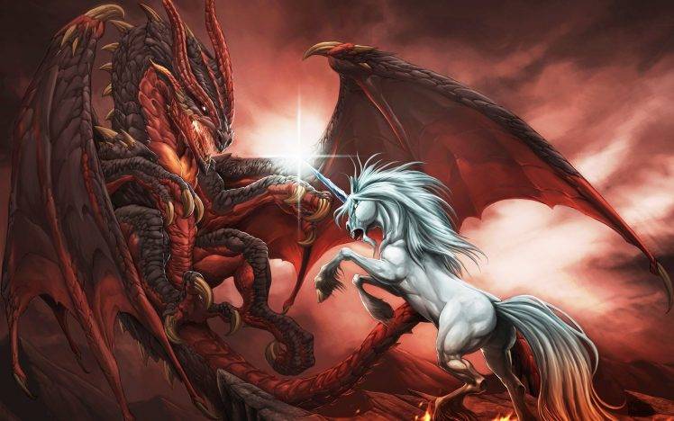 unicorns, Dragon, Fantasy Art HD Wallpaper Desktop Background