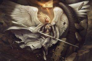angel, Wings, Artwork, Armor, Spear, Cape, Women, Hery, Fantasy Art