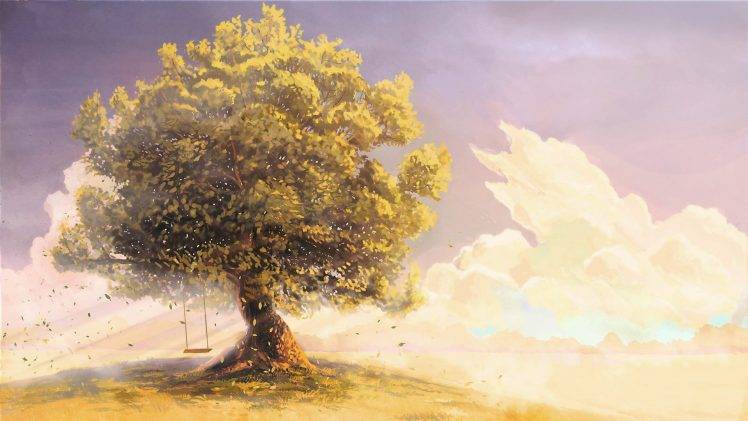 artwork, Fantasy Art, Swings, Trees, Clouds HD Wallpaper Desktop Background