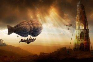 digital Art, Fantasy Art, Nature, Painting, Zeppelin, People, Trees, Tower, Castle, Hill, Clouds, Sun Rays, Landscape, Ropes, Hot Air Balloons, Airships, Flying