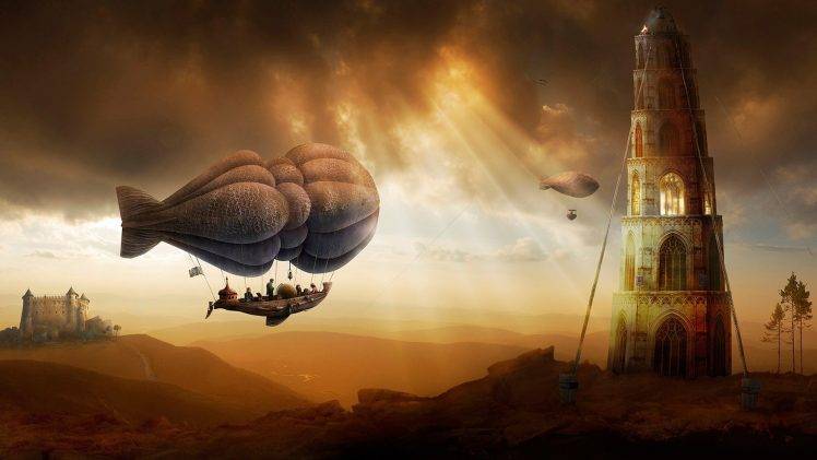 digital Art, Fantasy Art, Nature, Painting, Zeppelin, People, Trees, Tower, Castle, Hill, Clouds, Sun Rays, Landscape, Ropes, Hot Air Balloons, Airships, Flying HD Wallpaper Desktop Background