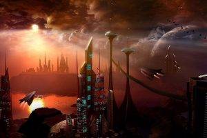 digital Art, Fantasy Art, Painting, City, Cityscape, Futuristic, Science Fiction, Building, Tower, Sun, Planet, Clouds, Meteors, Spaceship, Flying, Sunlight