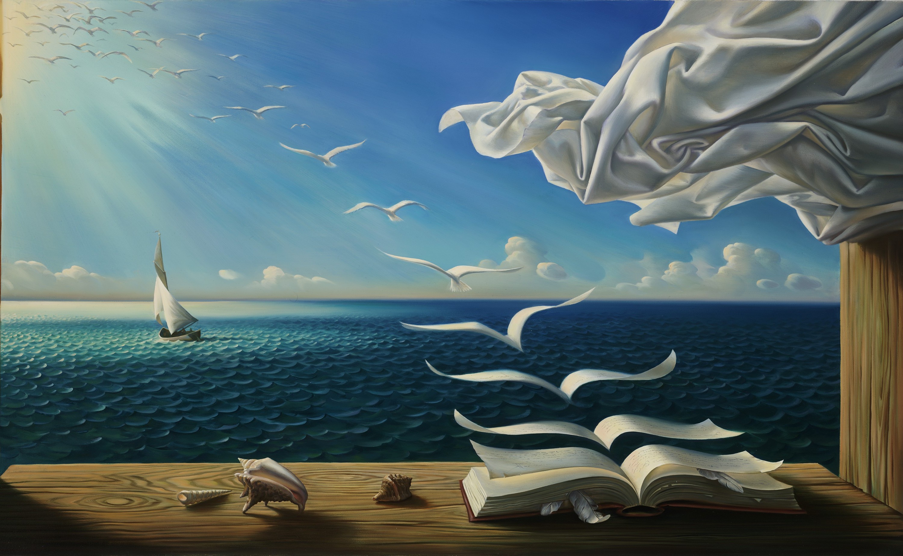 digital Art, Fantasy Art, Nature, Painting, Sea, Seashell, Table, Wood, Curtains, Feathers, Clouds, Sun, Sunlight, Books, Birds, Flying, Surreal Wallpaper