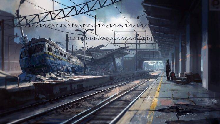 artwork, Fantasy Art, Apocalyptic, Train Station, Train HD Wallpaper Desktop Background