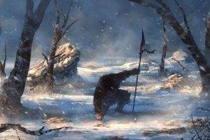 fantasy Art, Warrior, Spear, Winter