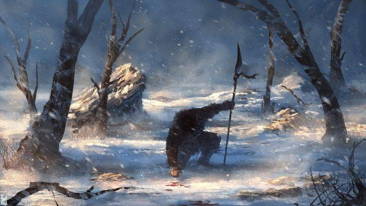 fantasy Art, Warrior, Spear, Winter HD Wallpaper Desktop Background