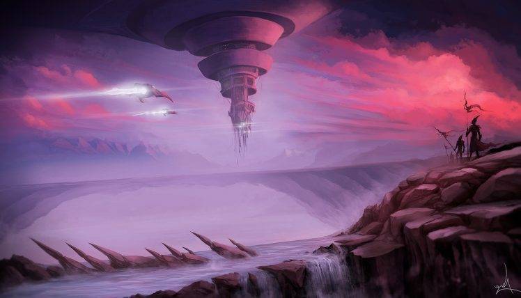 fantasy Art, Spaceship, Futuristic, Waterfall, Aircraft, River HD Wallpaper Desktop Background