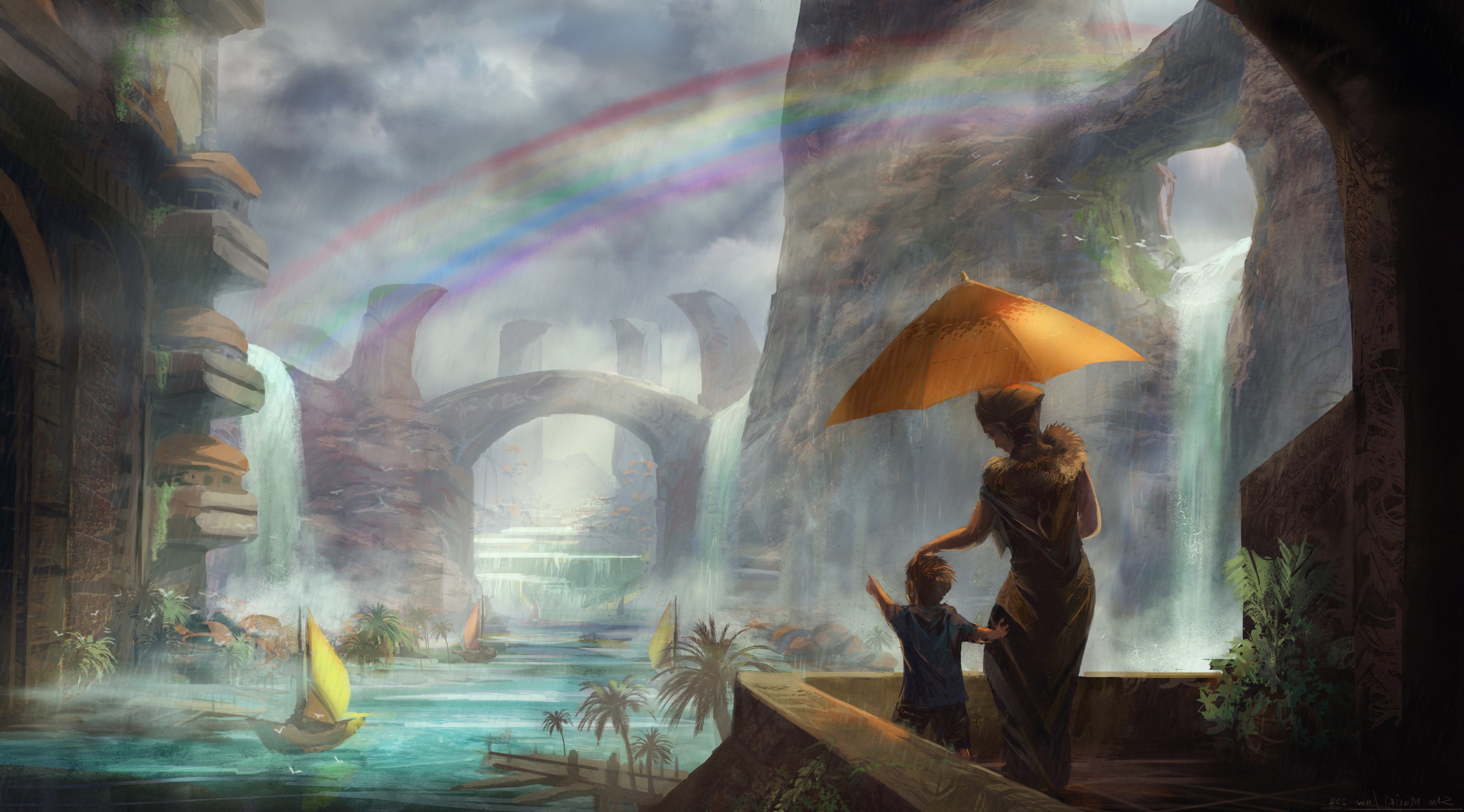 fantasy Art, Water, Rainbows, City Wallpaper