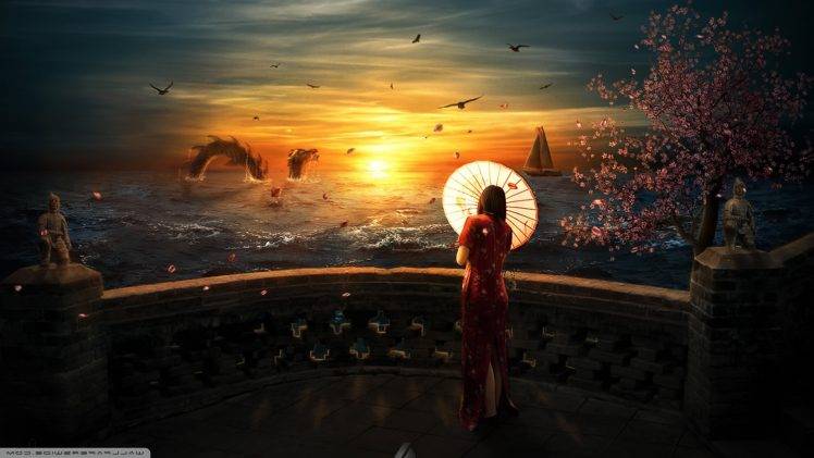 fantasy Art, Sunset, Sea Monsters, Umbrella HD Wallpaper Desktop Background