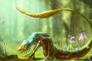 dragon, Digital Art, Fantasy Art, Creature, Tail, Nature, Flowers, Depth Of Field, Plants