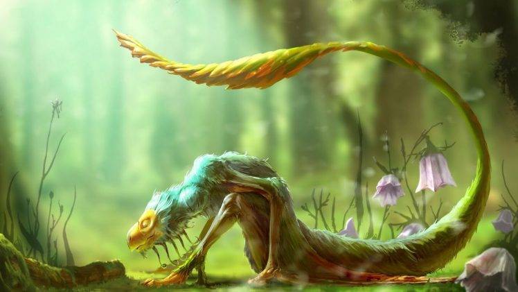 dragon, Digital Art, Fantasy Art, Creature, Tail, Nature, Flowers, Depth Of Field, Plants HD Wallpaper Desktop Background