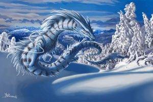 dragon, Digital Art, Fantasy Art, Nature, Winter, Snow, Trees, Clouds, Mountain, Forest, Hill