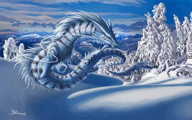 dragon, Digital Art, Fantasy Art, Nature, Winter, Snow, Trees, Clouds, Mountain, Forest, Hill HD Wallpaper Desktop Background