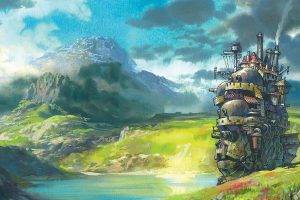 digital Art, Fantasy Art, Nature, Lake, Rock, Hill, Mountain, Clouds, Mist, Metal, Chimneys, Smoke, Construction, Building, Drawing, Howls Moving Castle, Studio Ghibli, Movies, Hayao Miyazaki