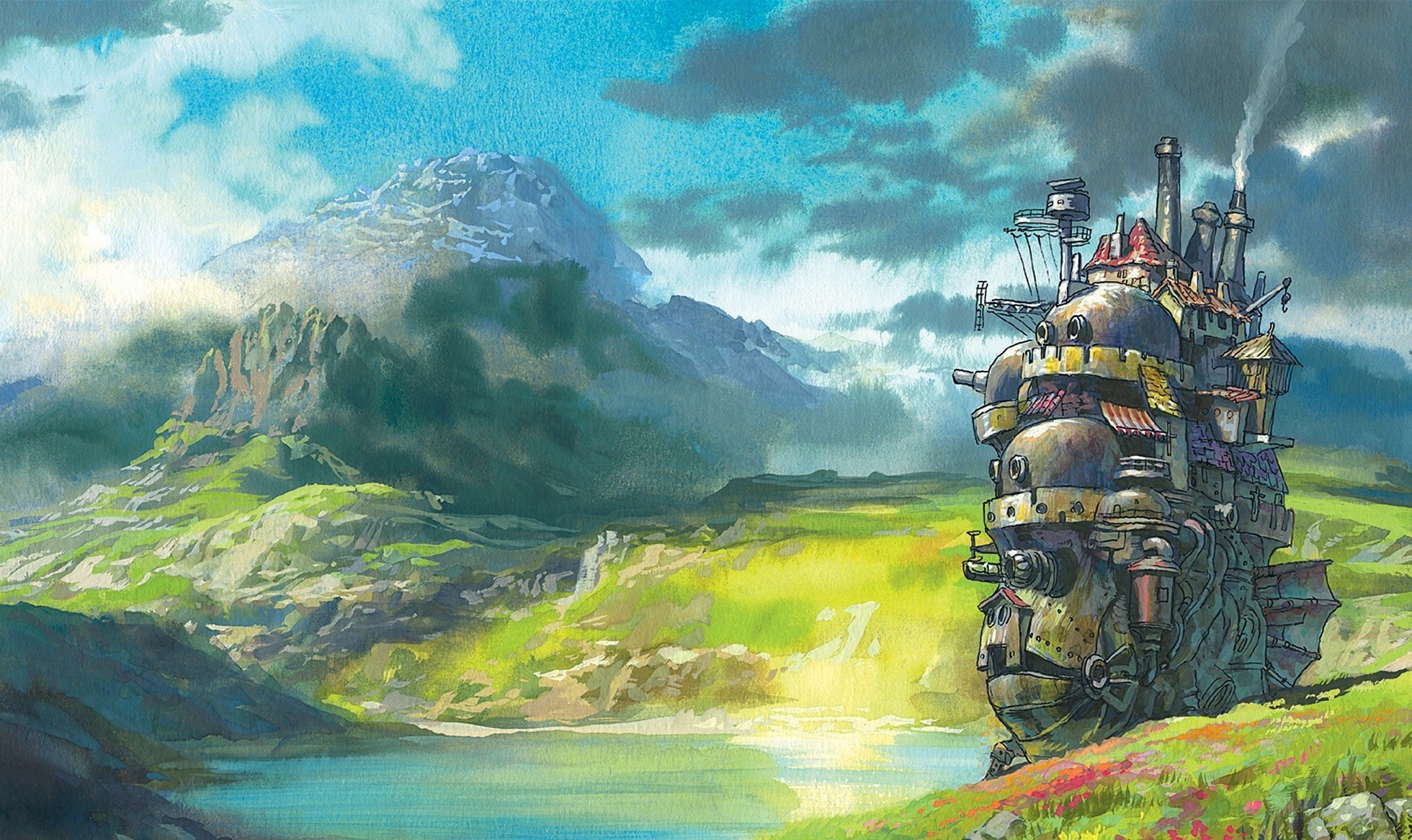 digital Art, Fantasy Art, Nature, Lake, Rock, Hill, Mountain, Clouds, Mist, Metal, Chimneys, Smoke, Construction, Building, Drawing, Howls Moving Castle, Studio Ghibli, Movies, Hayao Miyazaki Wallpaper