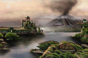 digital Art, Fantasy Art, Nature, Painting, Water, Volcano, Smoke, Building, Trees, Mist, Island