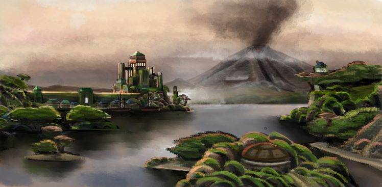 digital Art, Fantasy Art, Nature, Painting, Water, Volcano, Smoke, Building, Trees, Mist, Island HD Wallpaper Desktop Background