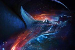 fantasy Art, Ship, Waterfall, Space, Blue, Red