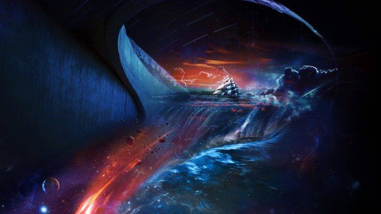 fantasy Art, Ship, Waterfall, Space, Blue, Red HD Wallpaper Desktop Background