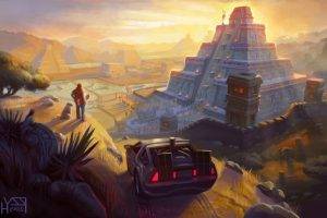 artwork, Fantasy Art, Back To The Future, DeLorean, Pyramid, Movies, Mayan, Aztec