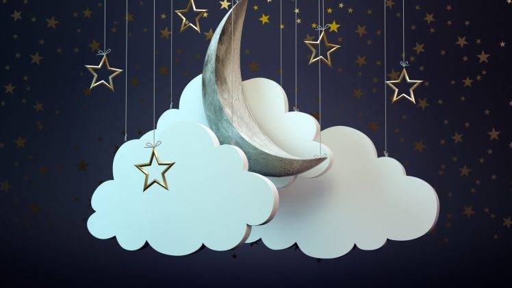 digital Art, Nature, Moon, Stars, Sky, Night, Clouds, Blue, Fantasy Art, 3D, Ropes HD Wallpaper Desktop Background