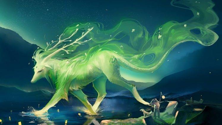 fantasy Art, Green, Deer HD Wallpaper Desktop Background