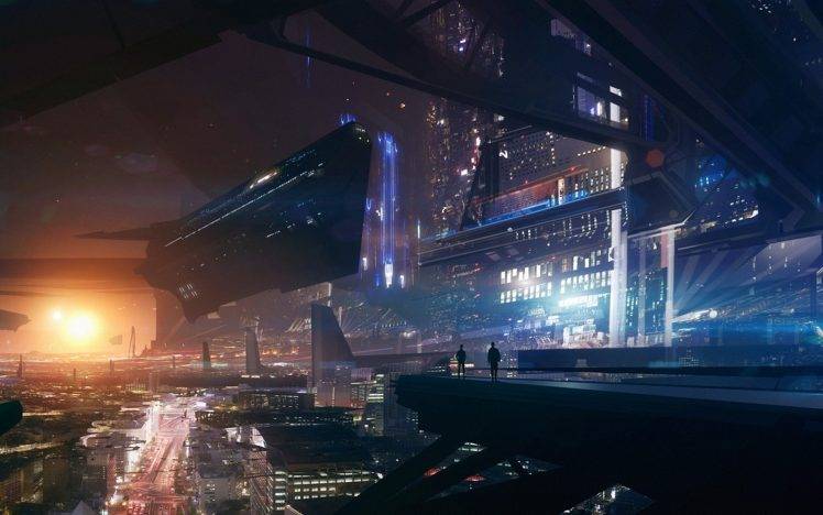 future City, Lights, Space, Futuristic, Spaceship, Fantasy Art, Mass Effect HD Wallpaper Desktop Background