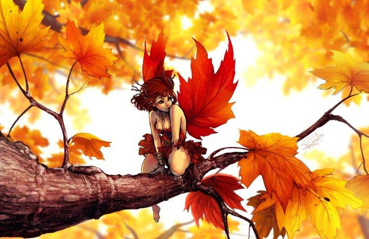 artwork, Fantasy Art, Digital Art, Fairies, Leaves, Maple Leaves, Trees HD Wallpaper Desktop Background