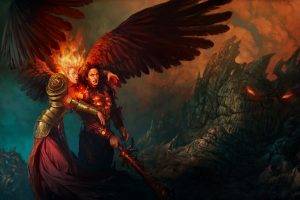 Heroes Of Might And Magic, Might And Magic, Artwork, Fantasy Art, Angel, Wings, Sword, Women, Fire