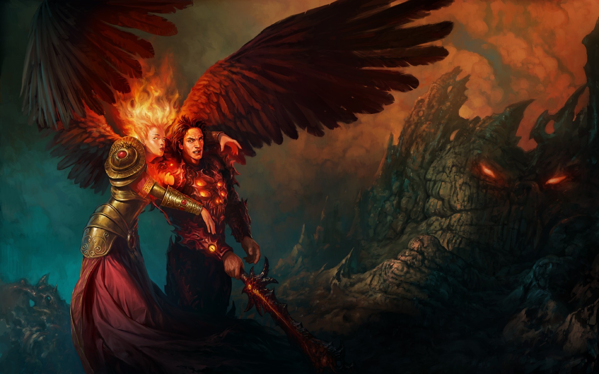 Heroes Of Might And Magic, Might And Magic, Artwork, Fantasy Art, Angel, Wings, Sword, Women, Fire Wallpaper