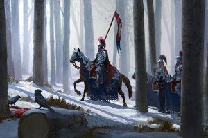 artwork, Fantasy Art, Knight, Knights, Horse, Snow, Trees, Forest, Crow
