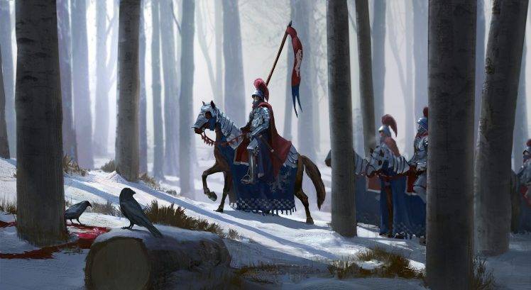 artwork, Fantasy Art, Knight, Knights, Horse, Snow, Trees, Forest, Crow HD Wallpaper Desktop Background