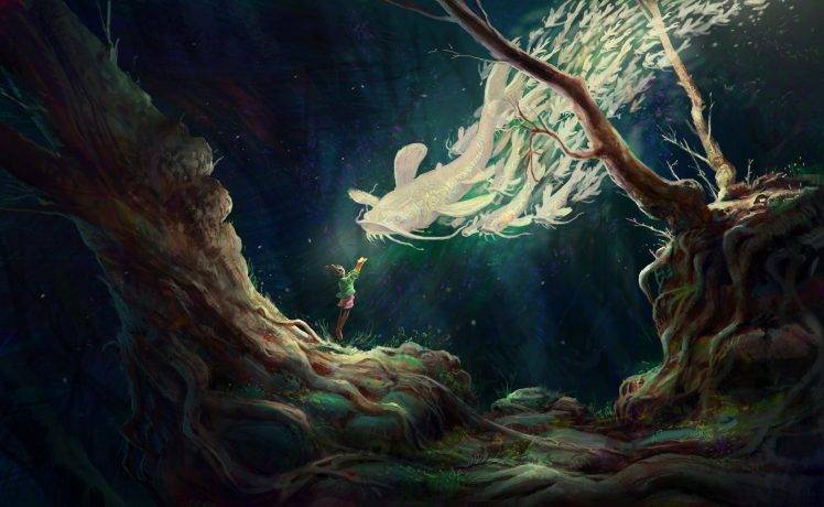 artwork, Fantasy Art, Fish, Underwater, Spirit, Spirits, Children, Trees HD Wallpaper Desktop Background
