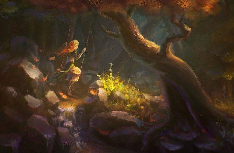 fantasy Art, Forest, Swings HD Wallpaper Desktop Background
