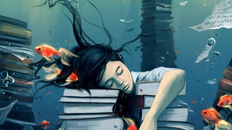 underwater, Fish, Books, Original Characters, Fantasy Art HD Wallpaper Desktop Background