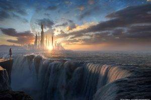 fantasy Art, Sunset, Waterfall