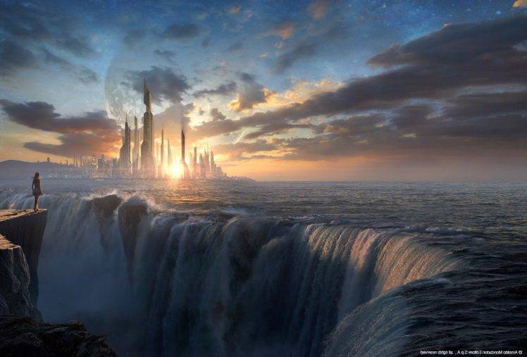 fantasy Art, Sunset, Waterfall HD Wallpaper Desktop Background