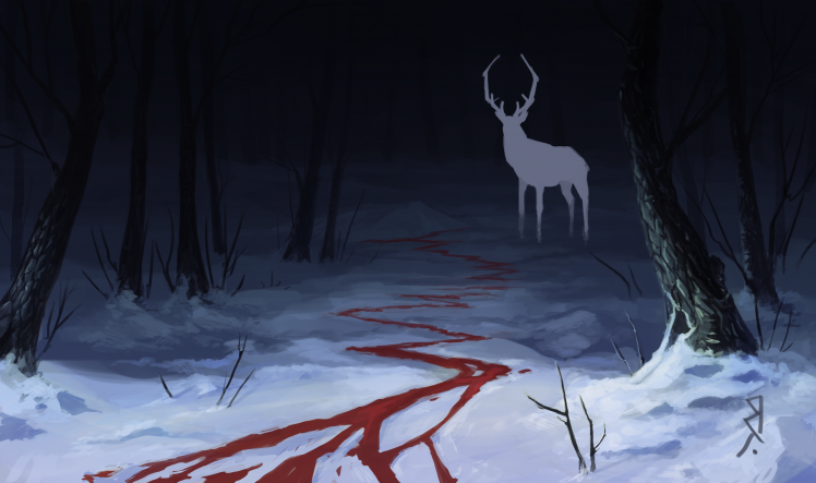 Fantasy Art Deer Blood Forest Dark Snow Wallpapers Hd Desktop