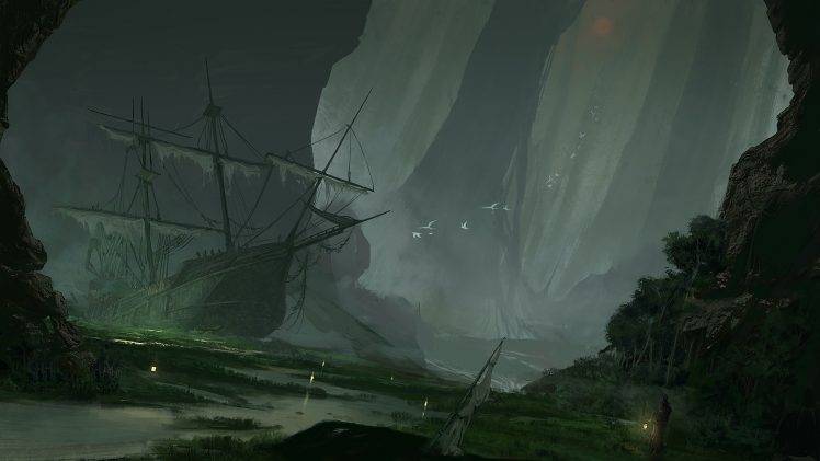 artwork, Fantasy Art, Ship, Sailing Ship, Swamp, Abandoned, Sinking Ships HD Wallpaper Desktop Background
