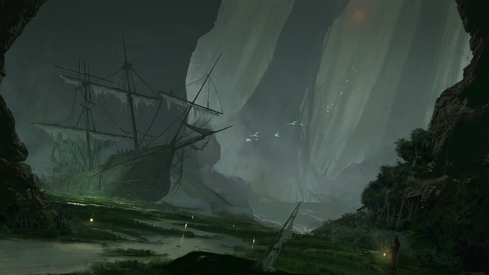 artwork, Fantasy Art, Ship, Sailing Ship, Swamp, Abandoned, Sinking
